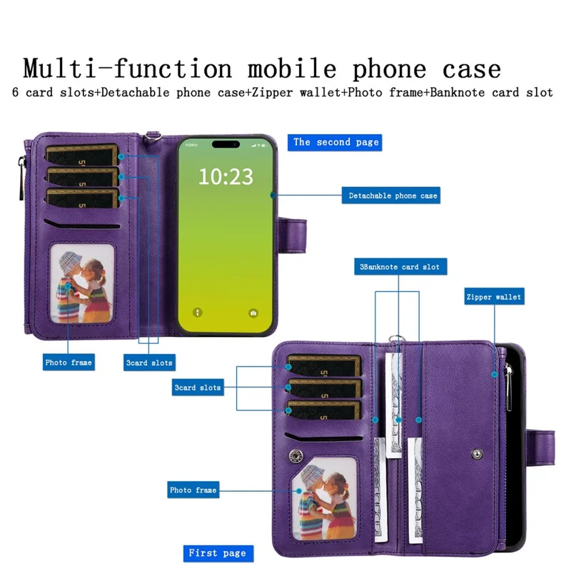 For iPhone 15 Plus Magnetic Leather Case Mobile Cover with Detachable Zipper Wallet Strap - Purple
