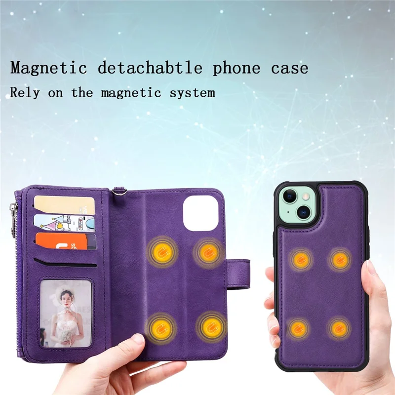 For iPhone 15 Plus Magnetic Leather Case Mobile Cover with Detachable Zipper Wallet Strap - Purple