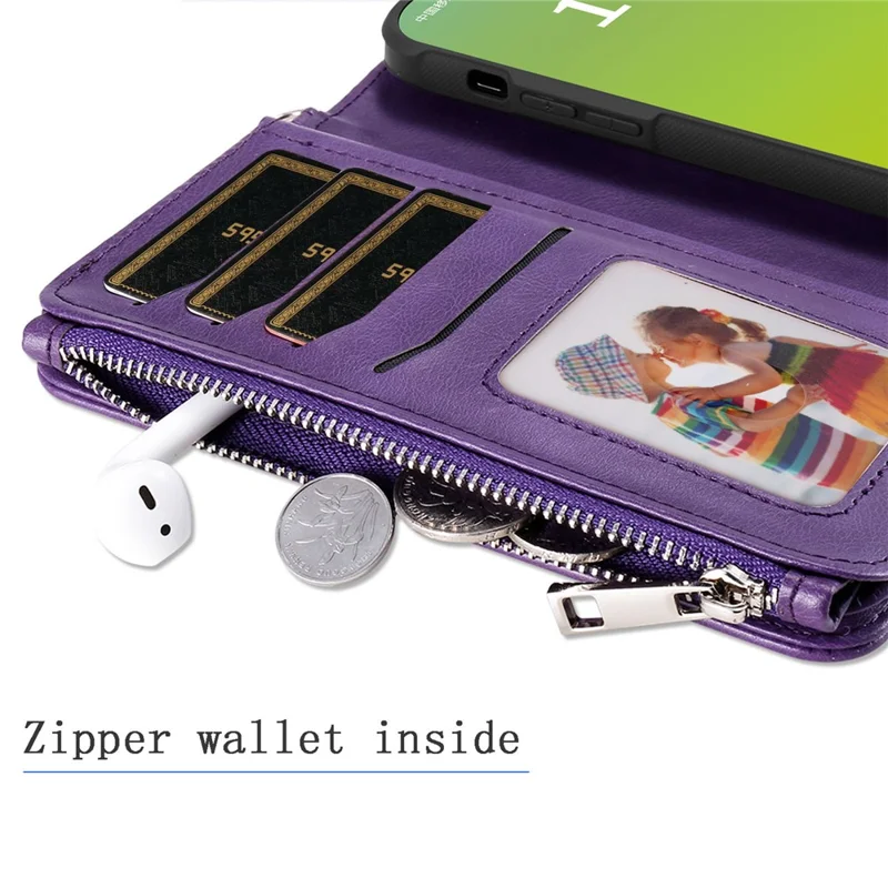 For iPhone 15 Plus Magnetic Leather Case Mobile Cover with Detachable Zipper Wallet Strap - Purple