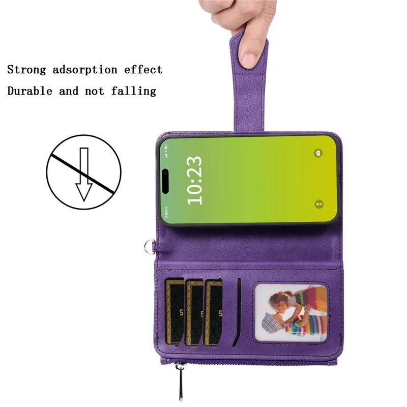 For iPhone 15 Plus Magnetic Leather Case Mobile Cover with Detachable Zipper Wallet Strap - Purple