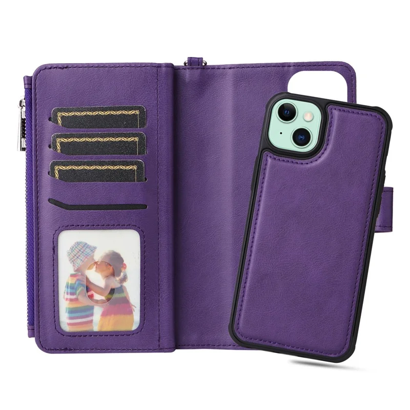 For iPhone 15 Plus Magnetic Leather Case Mobile Cover with Detachable Zipper Wallet Strap - Purple
