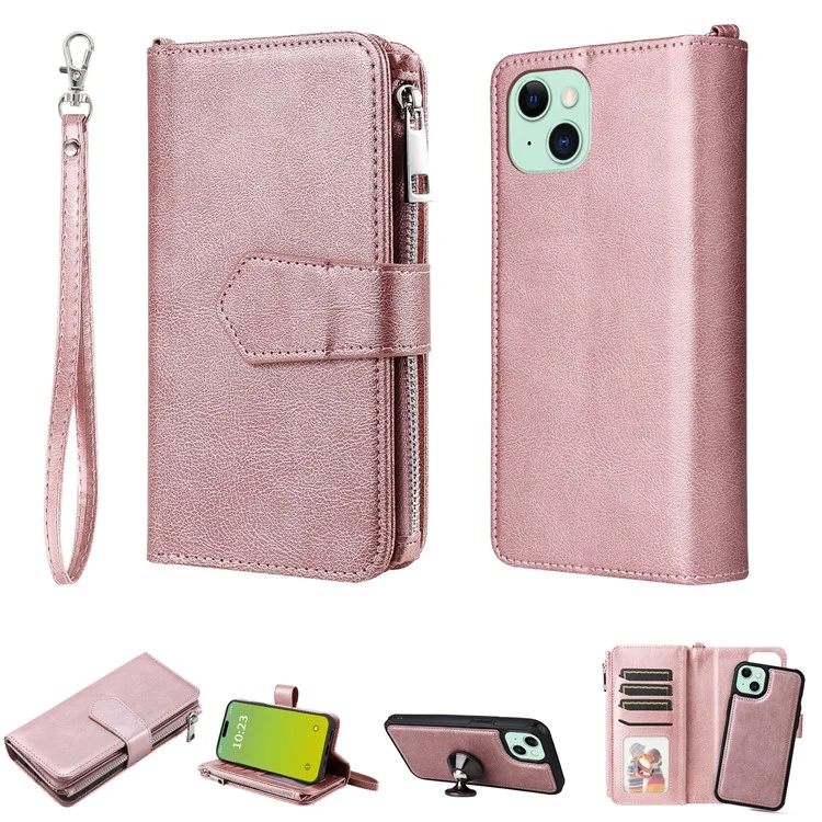 KT Serie Multifunzionale-4 per iPhone 15 Plus Custodia Staccabile a 2 in 1 in Pelle PU con Portafoglio, Supporto e Tasca con Zip - Rosa Oro