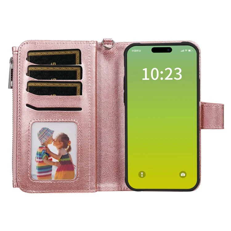 KT Serie Multifunzionale-4 per iPhone 15 Plus Custodia Staccabile a 2 in 1 in Pelle PU con Portafoglio, Supporto e Tasca con Zip - Rosa Oro