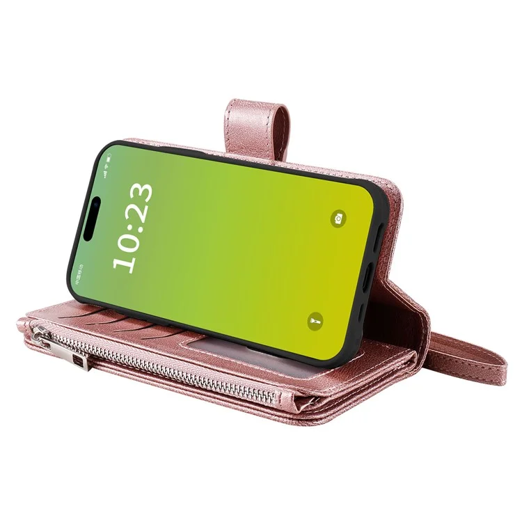 KT Serie Multifunzionale-4 per iPhone 15 Plus Custodia Staccabile a 2 in 1 in Pelle PU con Portafoglio, Supporto e Tasca con Zip - Rosa Oro