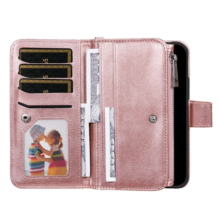 KT Serie Multifunzionale-4 per iPhone 15 Plus Custodia Staccabile a 2 in 1 in Pelle PU con Portafoglio, Supporto e Tasca con Zip - Rosa Oro