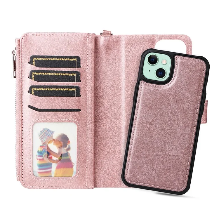 KT Serie Multifunzionale-4 per iPhone 15 Plus Custodia Staccabile a 2 in 1 in Pelle PU con Portafoglio, Supporto e Tasca con Zip - Rosa Oro
