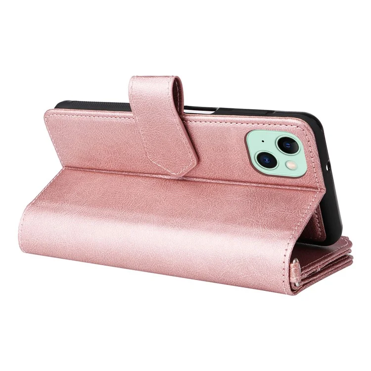 KT Serie Multifunzionale-4 per iPhone 15 Plus Custodia Staccabile a 2 in 1 in Pelle PU con Portafoglio, Supporto e Tasca con Zip - Rosa Oro