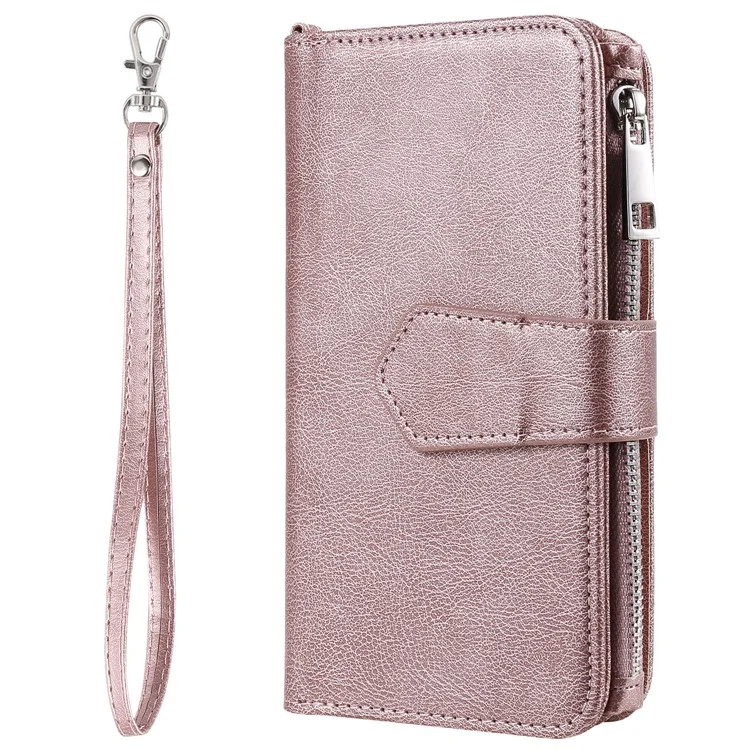 KT Serie Multifunzionale-4 per iPhone 15 Plus Custodia Staccabile a 2 in 1 in Pelle PU con Portafoglio, Supporto e Tasca con Zip - Rosa Oro