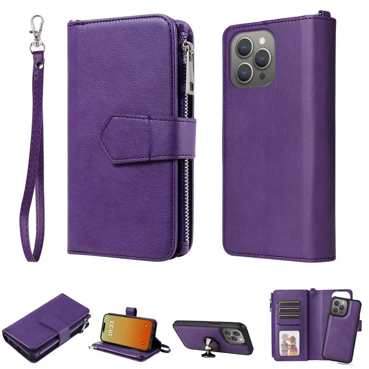 KT Multi-functional Series-4 für iPhone 15 Pro Max Case Magnetische Lederbrieftasche Ständer Reißverschluss Telefonabdeckung - Lila