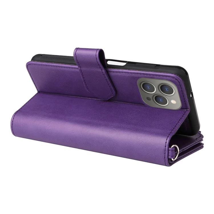 KT Multi-functional Series-4 für iPhone 15 Pro Max Case Magnetische Lederbrieftasche Ständer Reißverschluss Telefonabdeckung - Lila