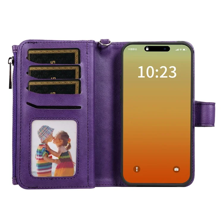 KT Multi-functional Series-4 für iPhone 15 Pro Max Case Magnetische Lederbrieftasche Ständer Reißverschluss Telefonabdeckung - Lila