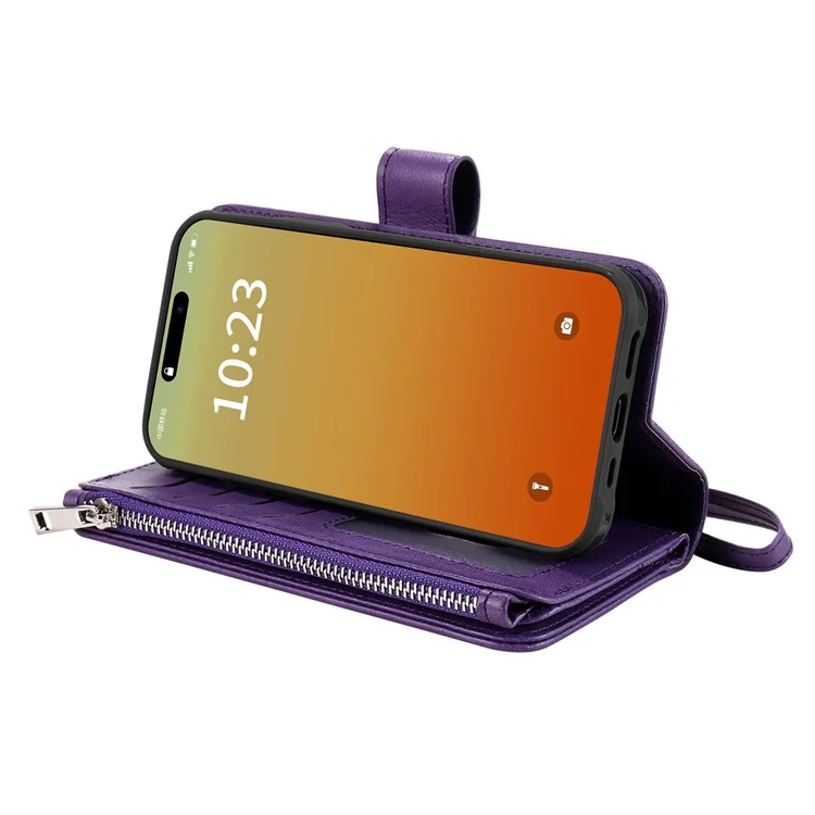 KT Multi-functional Series-4 für iPhone 15 Pro Max Case Magnetische Lederbrieftasche Ständer Reißverschluss Telefonabdeckung - Lila