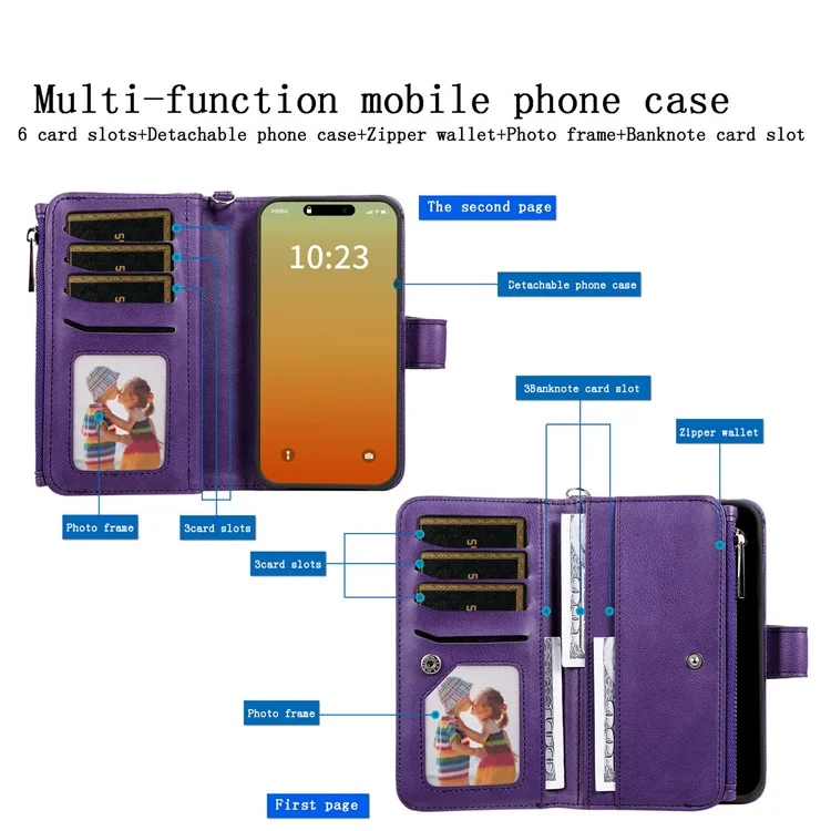 KT Multi-functional Series-4 für iPhone 15 Pro Max Case Magnetische Lederbrieftasche Ständer Reißverschluss Telefonabdeckung - Lila