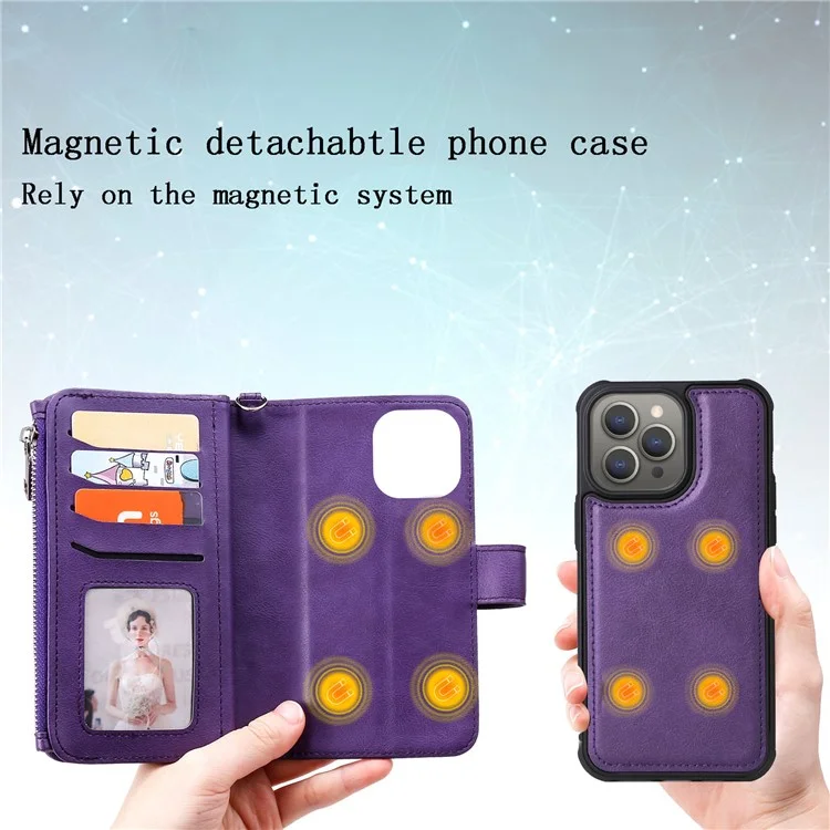 KT Multi-functional Series-4 für iPhone 15 Pro Max Case Magnetische Lederbrieftasche Ständer Reißverschluss Telefonabdeckung - Lila
