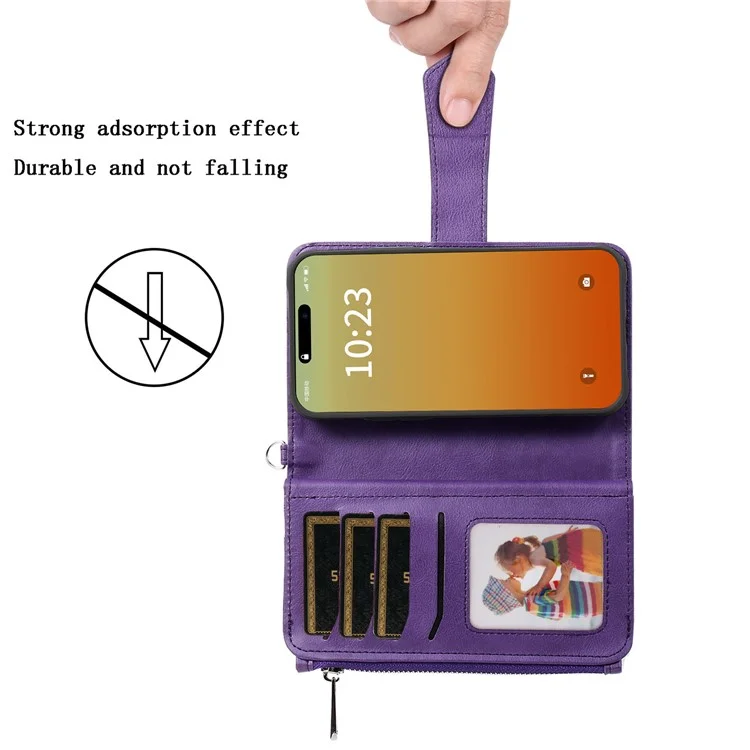 KT Multi-functional Series-4 für iPhone 15 Pro Max Case Magnetische Lederbrieftasche Ständer Reißverschluss Telefonabdeckung - Lila
