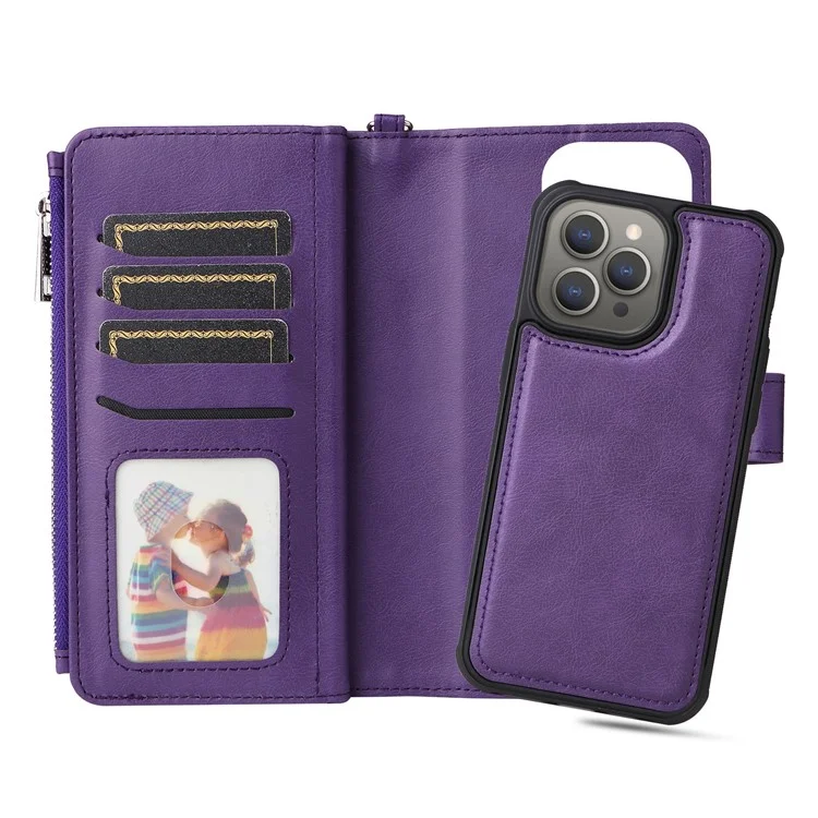 KT Multi-functional Series-4 für iPhone 15 Pro Max Case Magnetische Lederbrieftasche Ständer Reißverschluss Telefonabdeckung - Lila