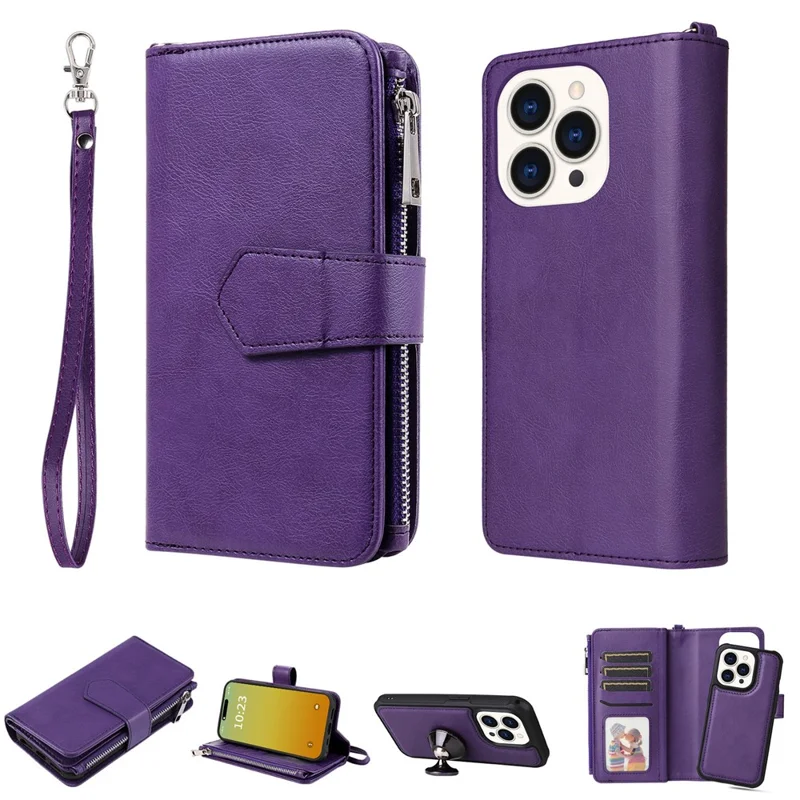 KT Multi-functional Series-4 für iPhone 15 Pro Case Slim-Fit Reißverschluss Lederbrieftasche Stand Telefonabdeckung - Lila