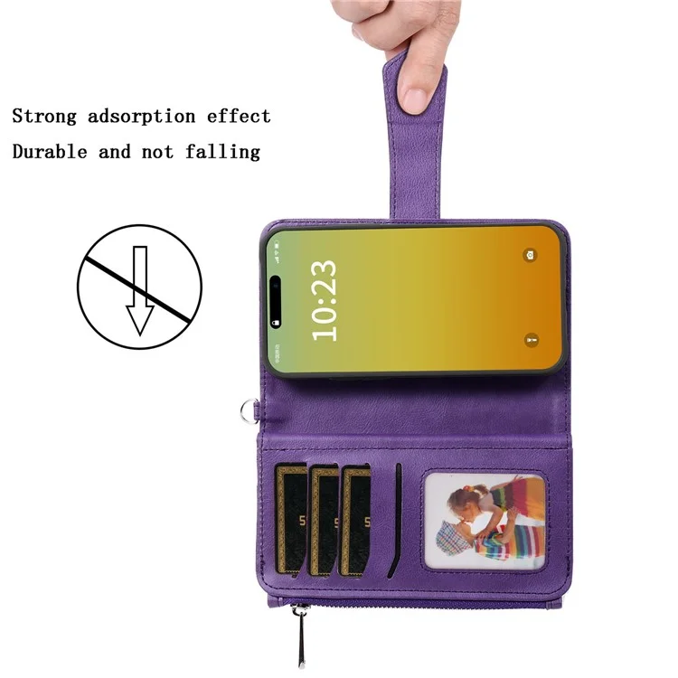 KT Multi-functional Series-4 für iPhone 15 Pro Case Slim-Fit Reißverschluss Lederbrieftasche Stand Telefonabdeckung - Lila