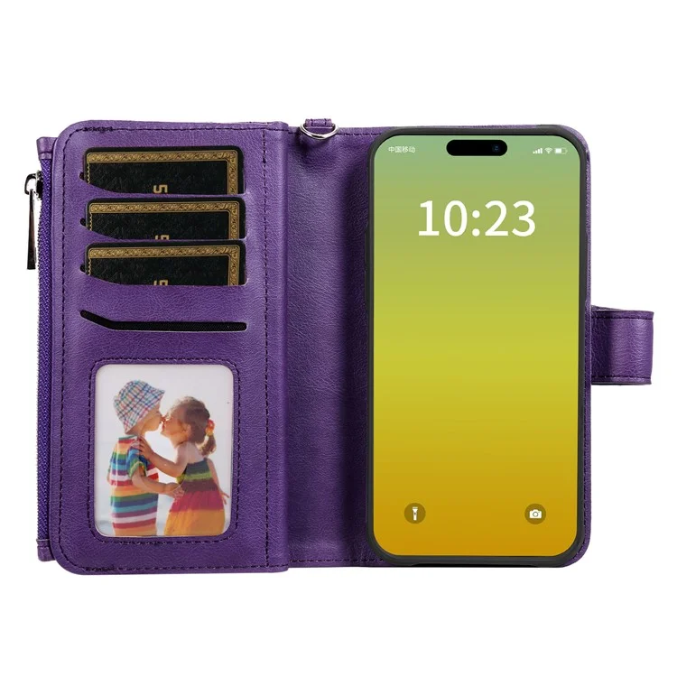 Кожаный чехол-кошелек для телефона KT серии Multi-functional-4 для iPhone 15, с функцией подставки и застежкой-молнией - фиолетовый