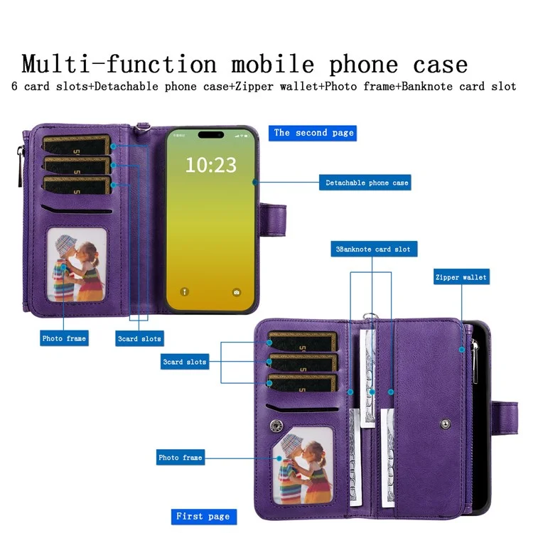 Кожаный чехол-кошелек для телефона KT серии Multi-functional-4 для iPhone 15, с функцией подставки и застежкой-молнией - фиолетовый
