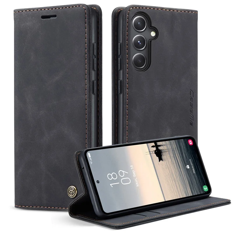 CASEME 013 Series For Samsung Galaxy S23 FE Case PU Leather Stand Folio Phone Cover - Black