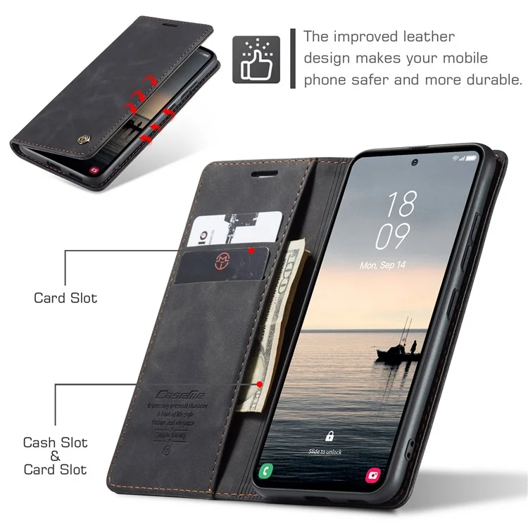 CASEME 013 Series For Samsung Galaxy S23 FE Case PU Leather Stand Folio Phone Cover - Black