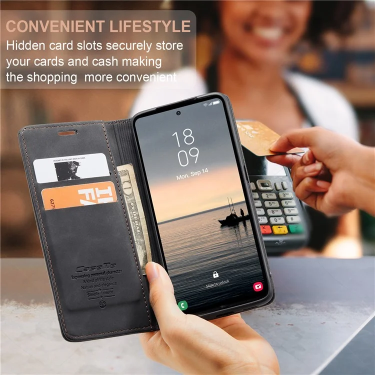 CASEME 013 Series For Samsung Galaxy S23 FE Case PU Leather Stand Folio Phone Cover - Black