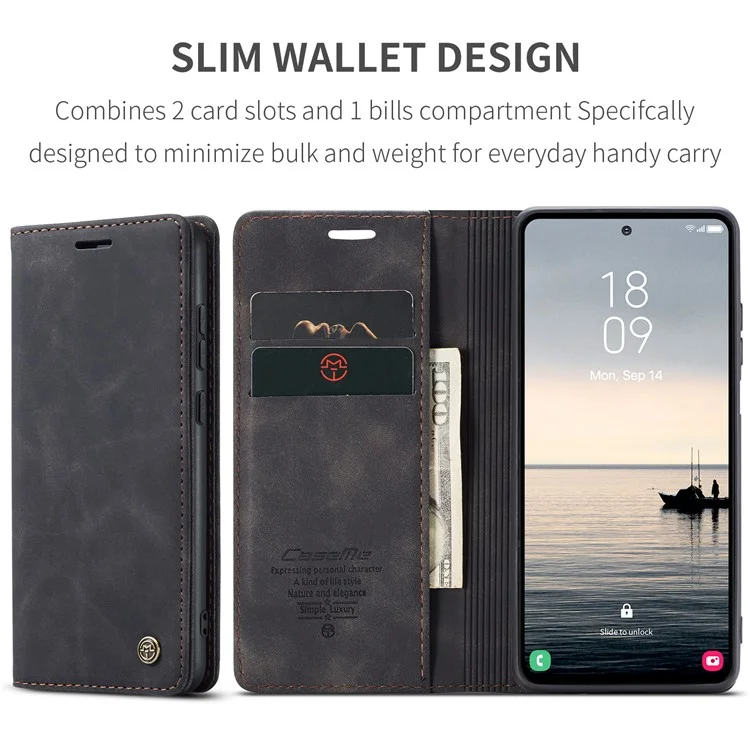 CASEME 013 Series For Samsung Galaxy S23 FE Case PU Leather Stand Folio Phone Cover - Black