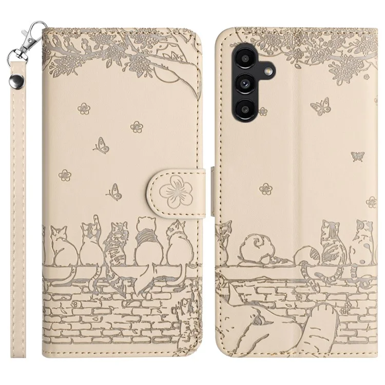 Per Samsung Galaxy A05s 4G Case Wall Cats Imprinted PU Leather Wallet Phone Cover con Strap - Albicocca