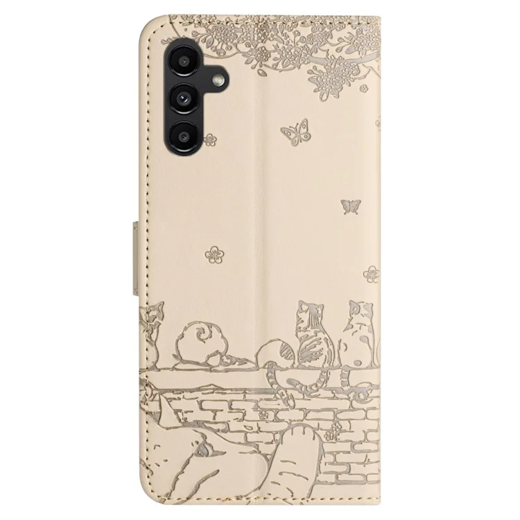 Per Samsung Galaxy A05s 4G Case Wall Cats Imprinted PU Leather Wallet Phone Cover con Strap - Albicocca