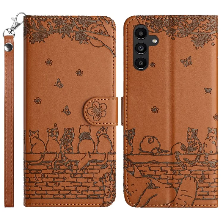 Custodia per telefono per Samsung Galaxy S24 Wall Cats Imprinted PU Leather Phone Case Wallet con cinturino - Marrone