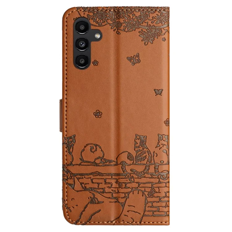 Custodia per telefono per Samsung Galaxy S24 Wall Cats Imprinted PU Leather Phone Case Wallet con cinturino - Marrone