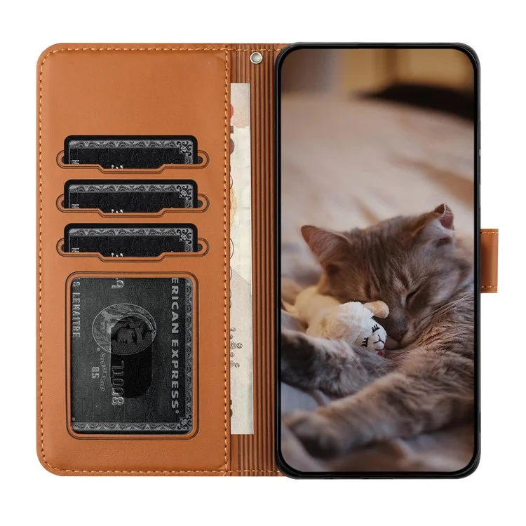 Custodia per telefono per Samsung Galaxy S24 Wall Cats Imprinted PU Leather Phone Case Wallet con cinturino - Marrone
