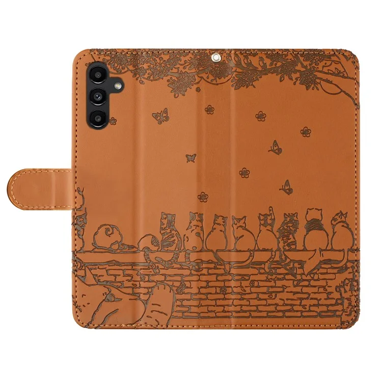 Custodia per telefono per Samsung Galaxy S24 Wall Cats Imprinted PU Leather Phone Case Wallet con cinturino - Marrone