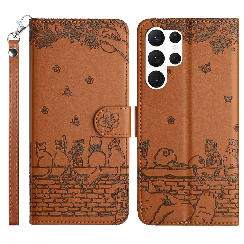 Para Samsung Galaxy S24 Ultra Case Imprinted PU Leather Wallet Magnetic Phone Cover with Strap - Brown