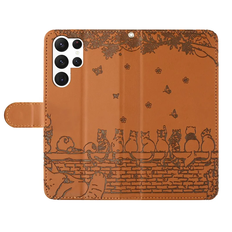Para Samsung Galaxy S24 Ultra Case Imprinted PU Leather Wallet Magnetic Phone Cover with Strap - Brown