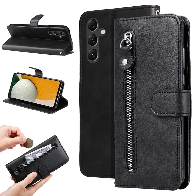 Para o Samsung Galaxy A15 4G Case Zipper Pocket Wallet PU Leather Phone Cover - Preto