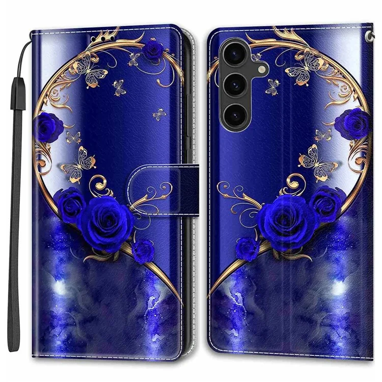 Samsung Galaxy S24+ Hülle Muster Drucken Kartenfach Handyhülle - Blau Rose / Golden Schmetterling