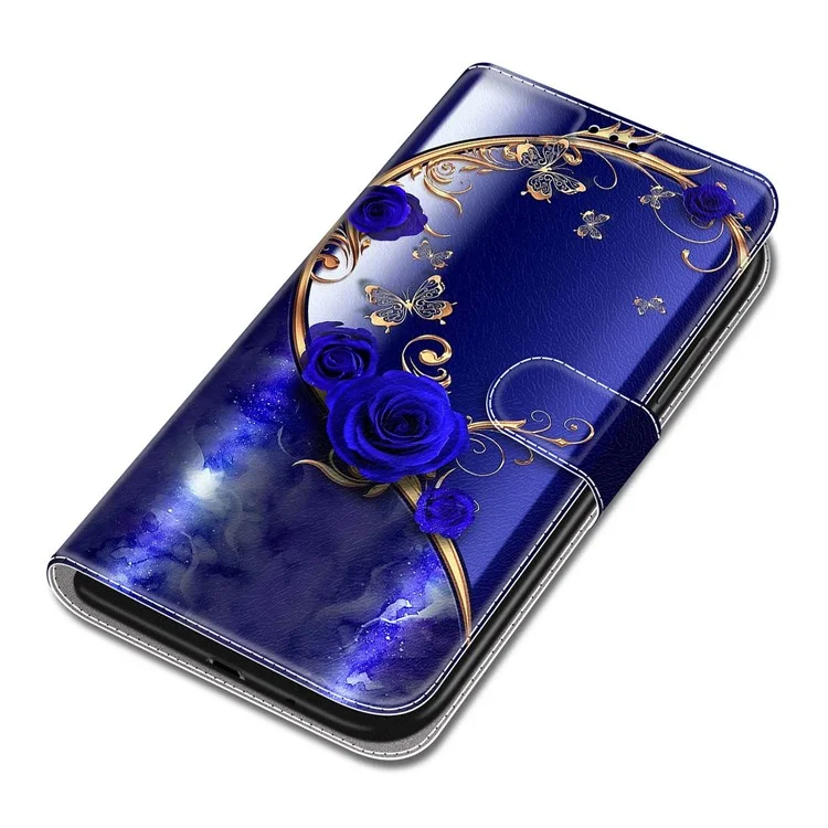 Samsung Galaxy S24+ Hülle Muster Drucken Kartenfach Handyhülle - Blau Rose / Golden Schmetterling