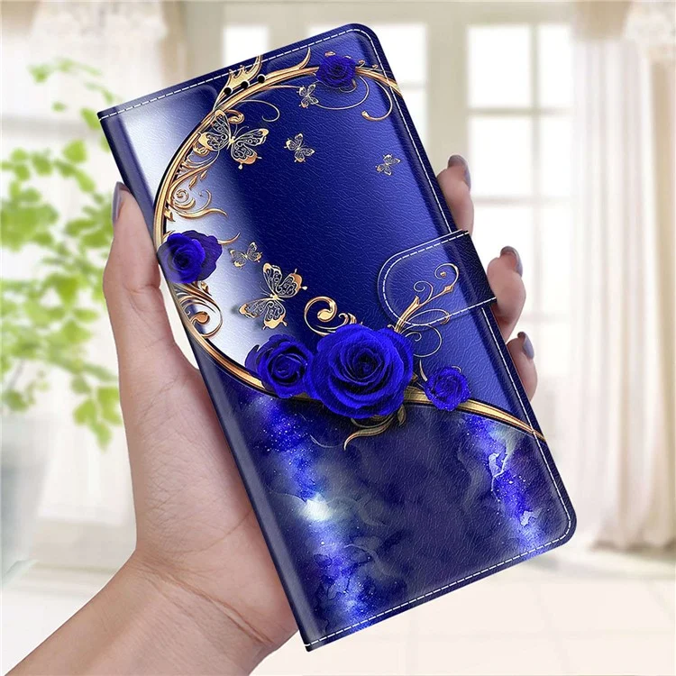 Samsung Galaxy S24+ Hülle Muster Drucken Kartenfach Handyhülle - Blau Rose / Golden Schmetterling