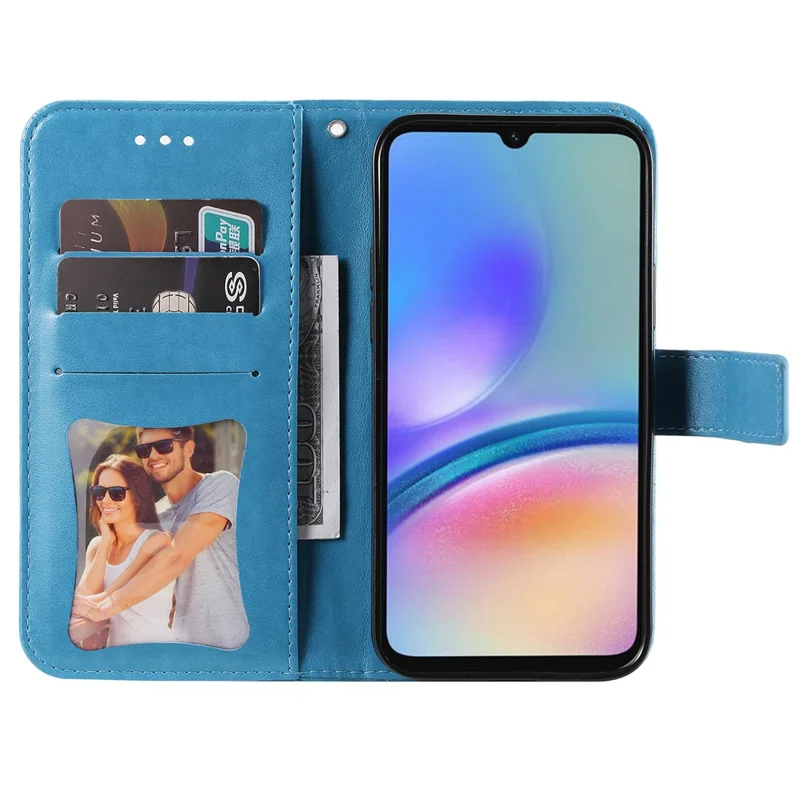 For Samsung Galaxy A05s 4G Case Floral Pattern PU Leather Wallet Stand Phone Cover - Blue