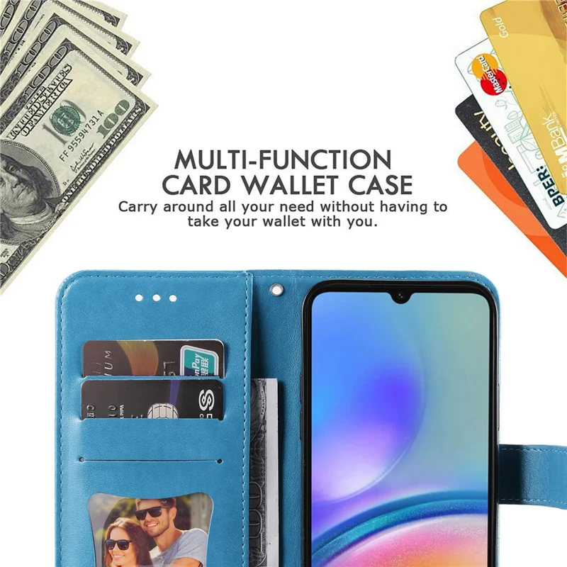 For Samsung Galaxy A05s 4G Case Floral Pattern PU Leather Wallet Stand Phone Cover - Blue