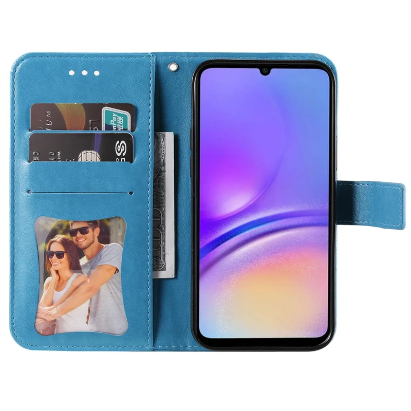 Funda para Samsung Galaxy A05 4G con diseño floral, billetera de cuero PU con soporte para teléfono - Azul