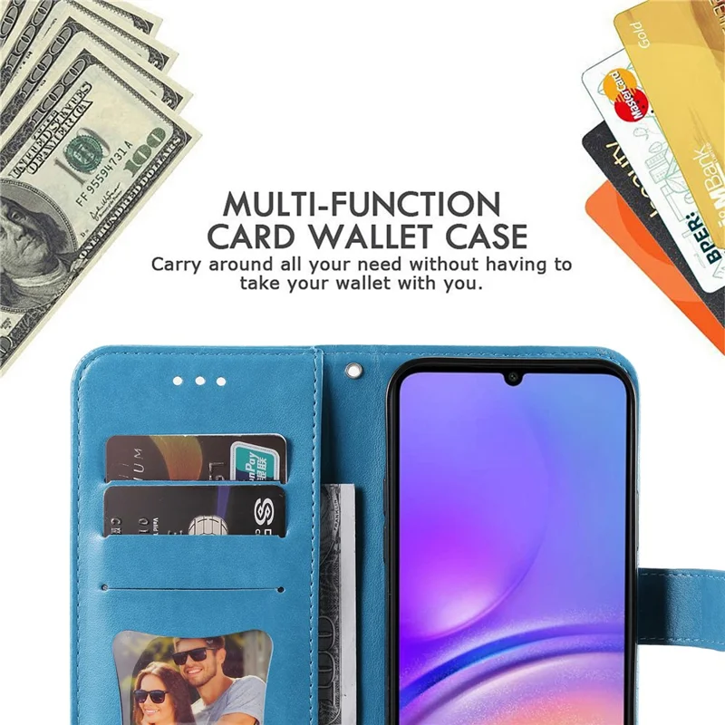 Funda para Samsung Galaxy A05 4G con diseño floral, billetera de cuero PU con soporte para teléfono - Azul