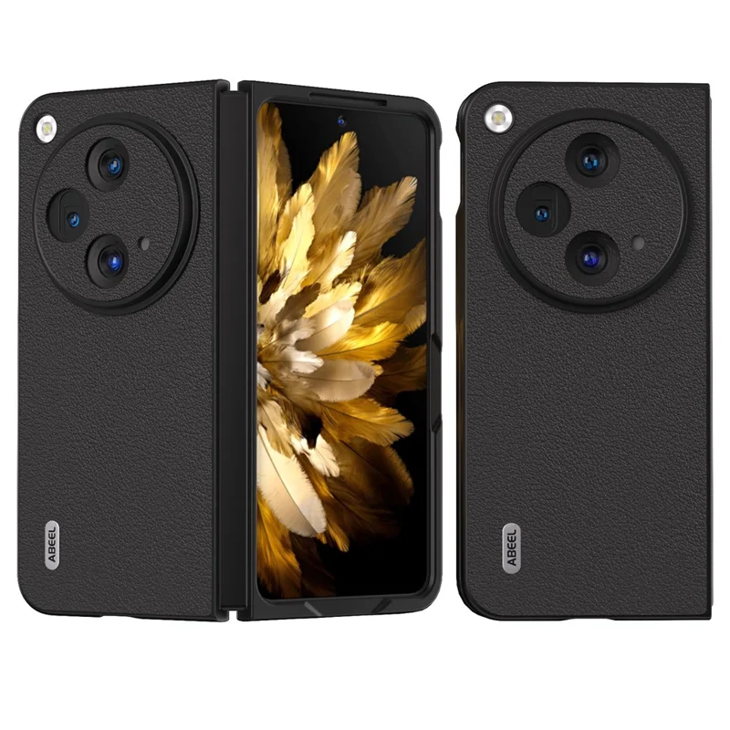 Capa de Couro Genuíno com Textura ABEEL para Oppo Find N3 5G - Preta 
