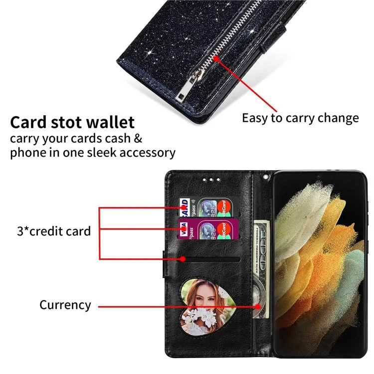 For Samsung Galaxy A15 4G Case Glittery PU Leather Cover with Zipper Pocket - Black