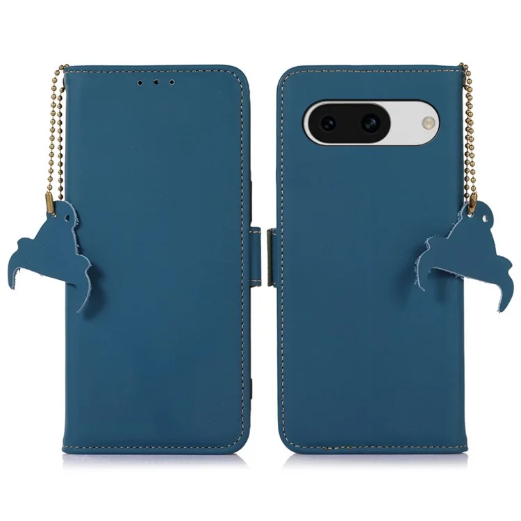 Для Google Pixel 8a Case Genuine Cow Leather RFID Blocking Phone Cover - Blue