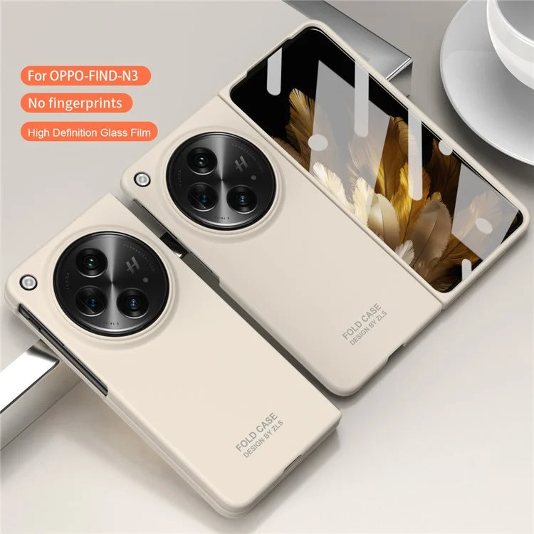 For Oppo Find N3 5G Case Shockproof Hard PC Phone Cover with Tempered Glass Film - Beige