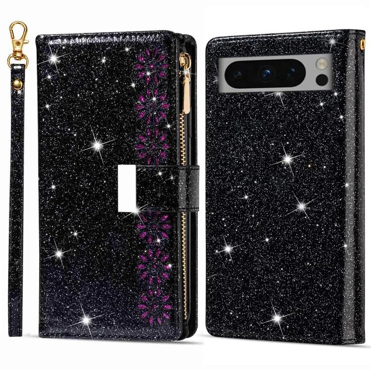Per Google Pixel 8 Pro Case Glittery Laser Carving Zipper Wallet Phone Cover - Nero