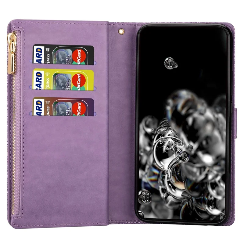 For Google Pixel 8 Pro Case Glittery Laser Carving Zipper Wallet Phone Cover - Purple